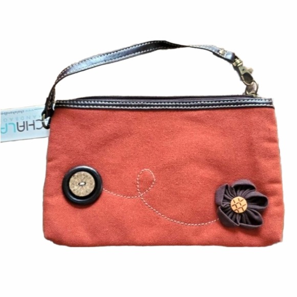 Chala Embroidered Bag with Button Flower Decor Orange Wristlet Purse New NWT - Picture 7 of 8
